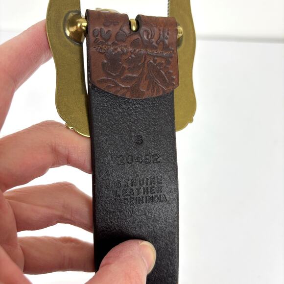 Hand Tooled Brown Leather Belt Brass Buckle Boho Western Country 30.25\